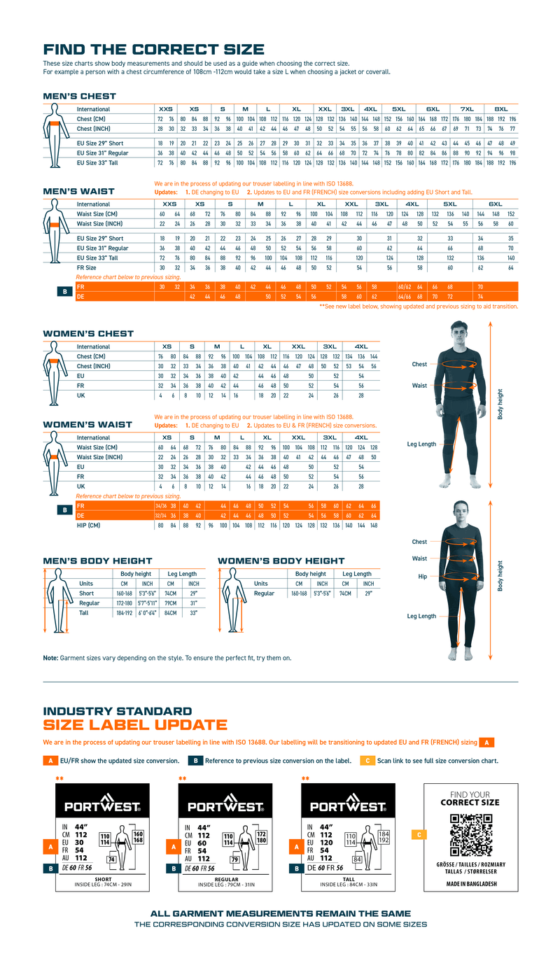 Size chart for PW3 Hi-Vis Breathable Rain Jacket