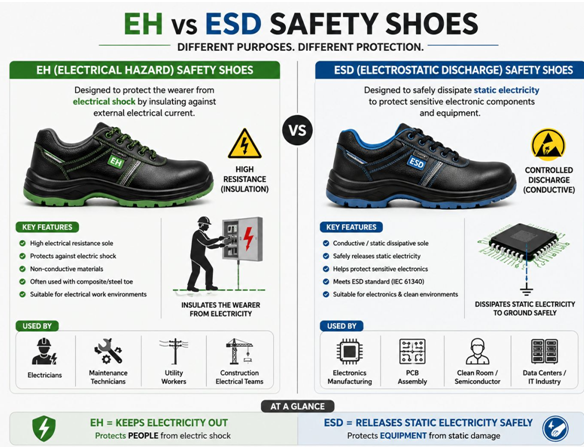 EH vs ESD Safety Shoes: Understanding the Difference and Choosing the Right Protection