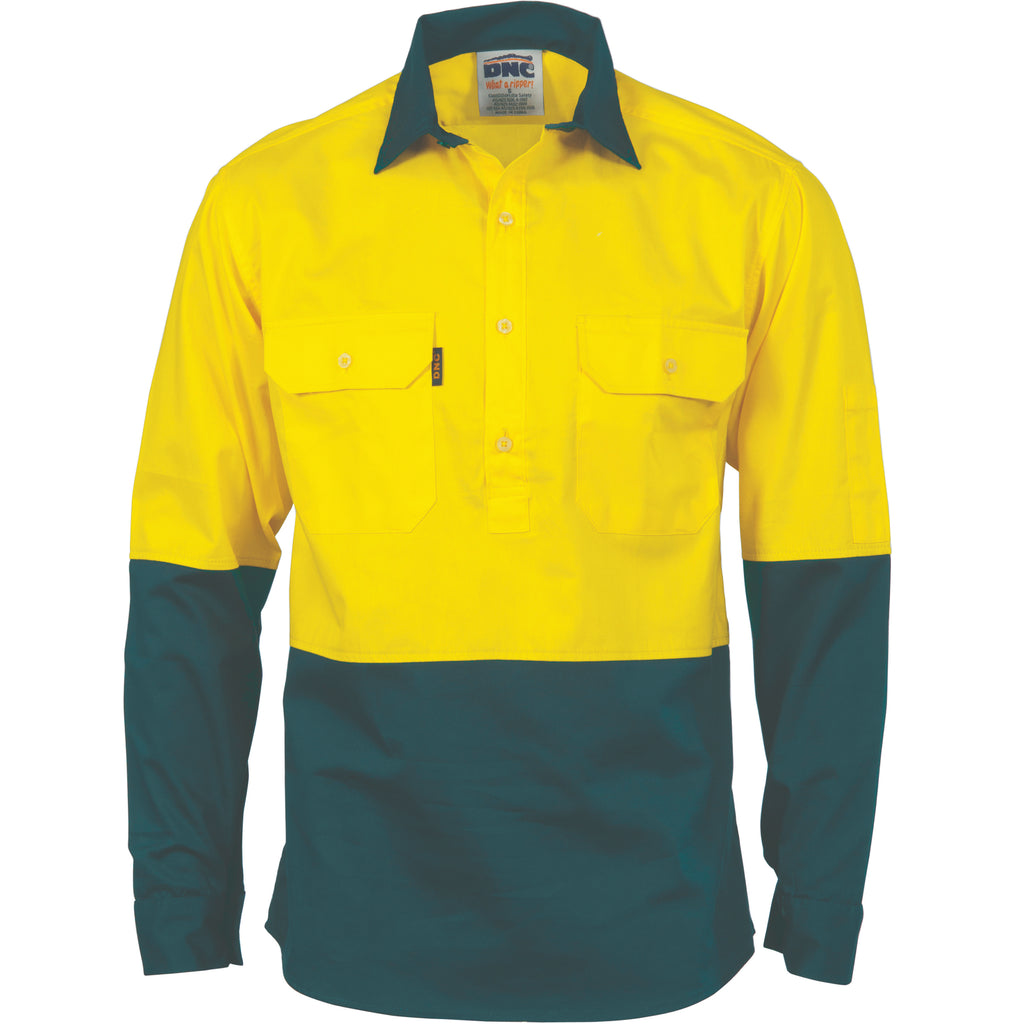 Hi-Vis Two Tone Close Front Cotton Drill Shirt - Long Sleeve Guss Et Sleeve | 3834