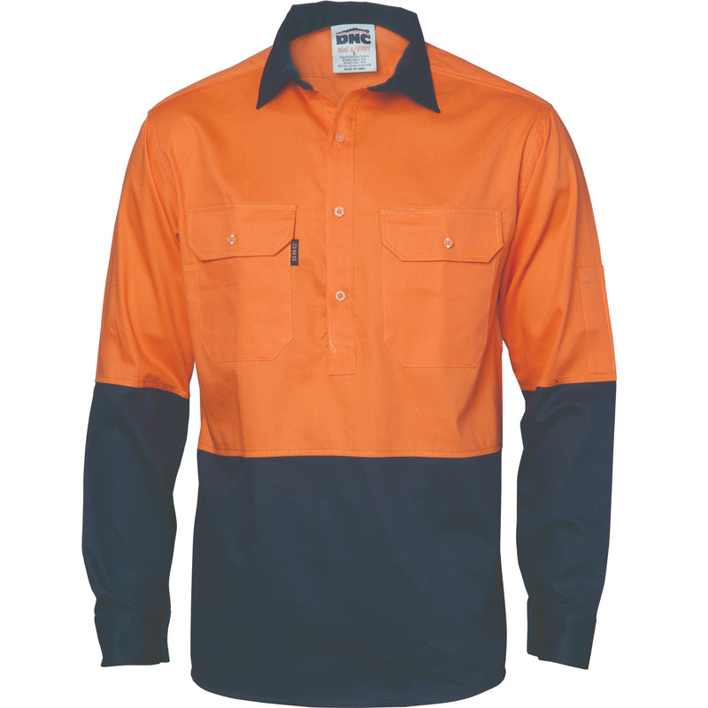 Hi-Vis Two Tone Close Front Cotton Drill Shirt - Long Sleeve Guss Et Sleeve | 3834