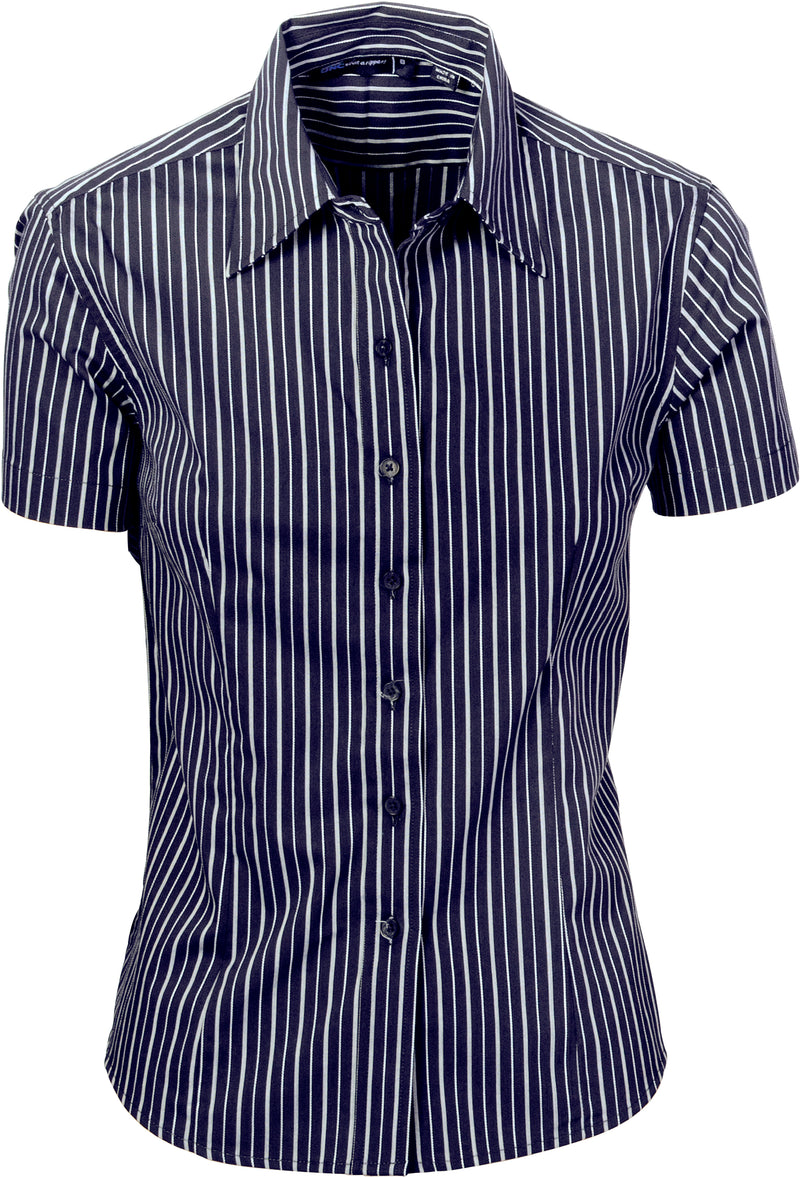 Ladies Stretch Yarn Dyed Contrast Stripe Shirts -Short Sleeve | 4233