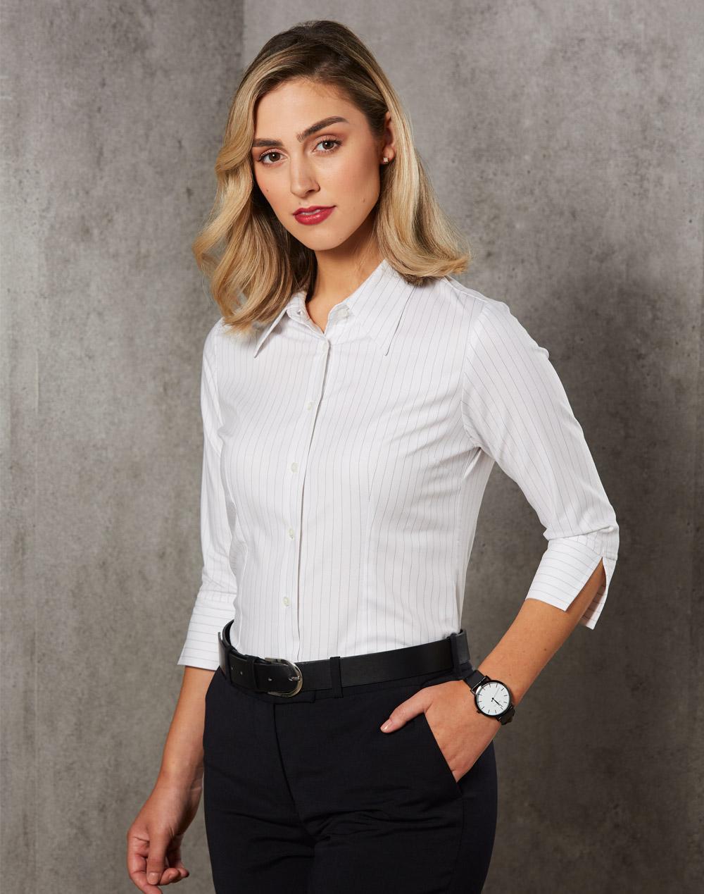 Ladies' 3/4 Sleeve Stretch Stripe Shirt | BS18