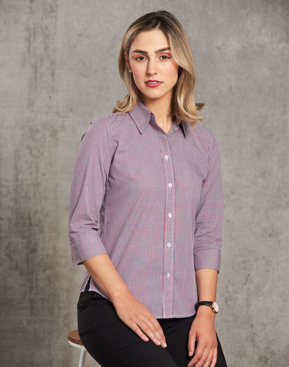 Ladies' Two Tone Mini Check 3/4 Sleeve Shirt | M8340Q