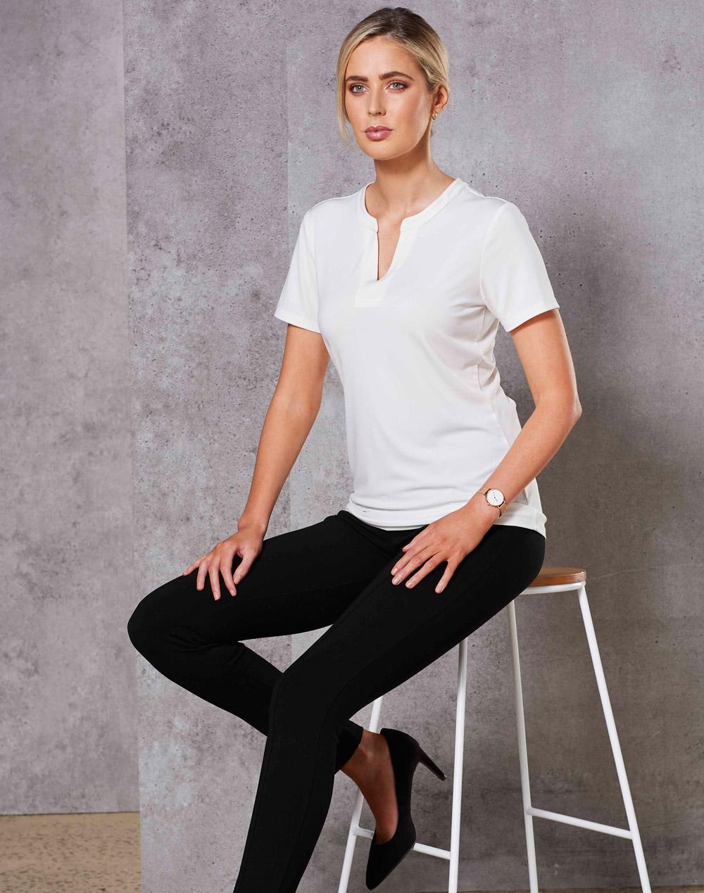 Ladies' V-neck with Tab S/S Knit Top | M8840