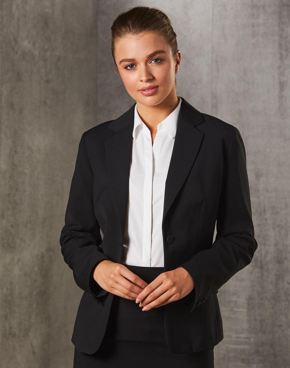 Women's One Button Cropped Jacket in Poly/Viscose Stretch Stripe | M9208