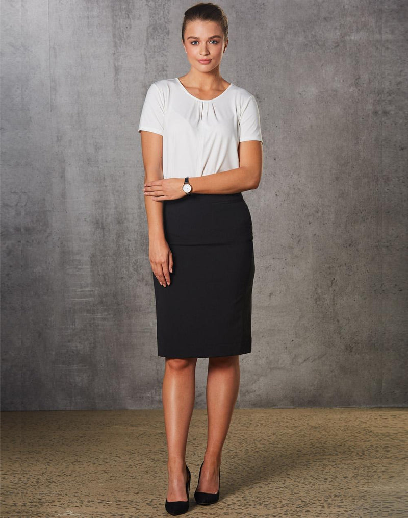 Women's Mid Length Lined Pencil Skirt in Poly/Viscose Stretch Stripe | M9472