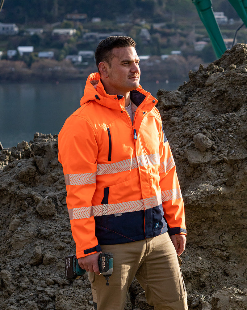 Jones Hi-Vis Softshell Coat in Fluoro Orange & Navy | 47648