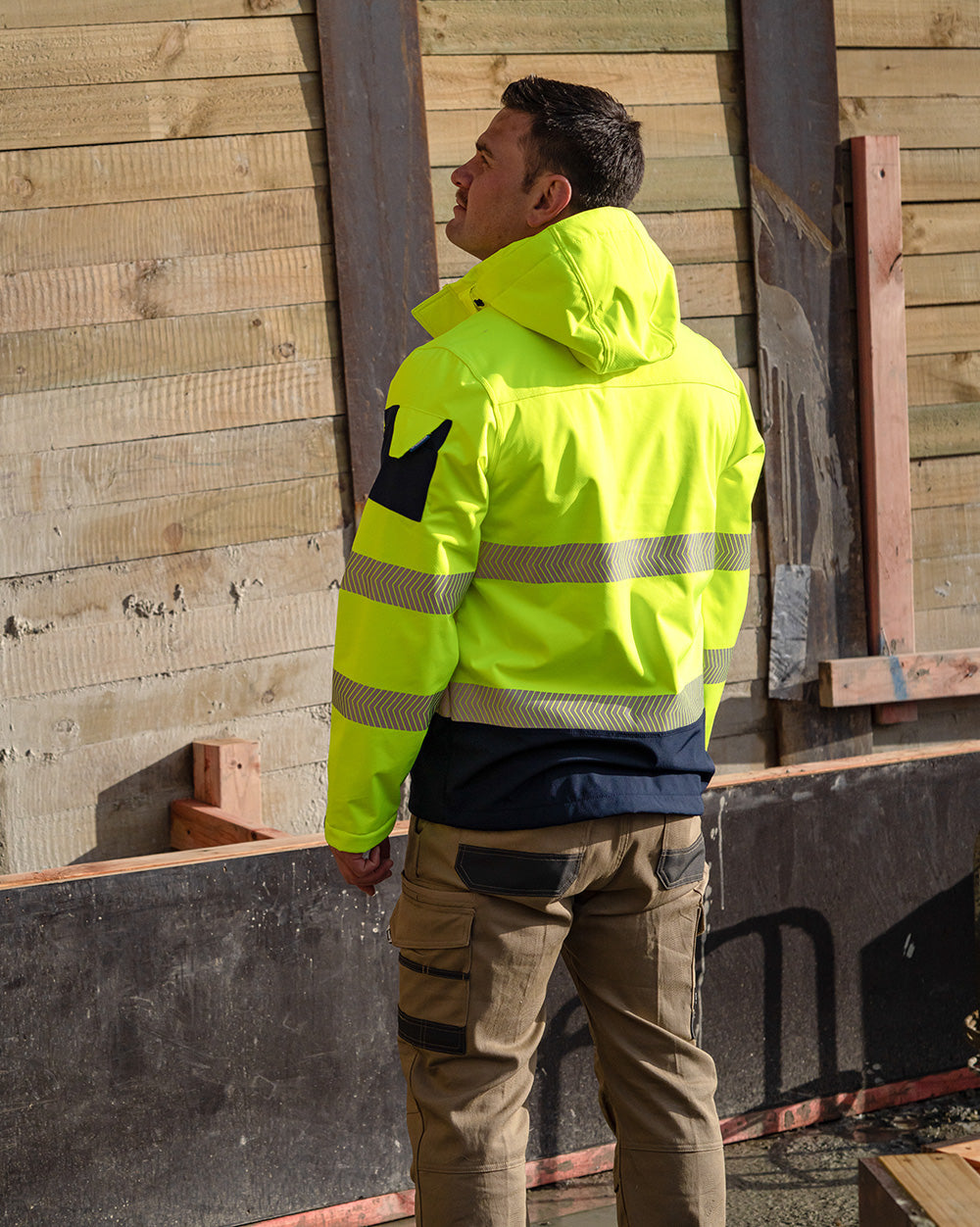 Jones Hi-Vis Softshell Coat in Fluoro Yellow & Navy | 47646
