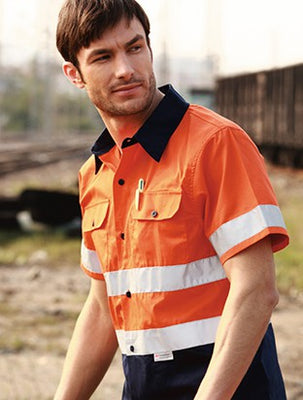 Unisex Adults Hi-Vis S/S Cotton Drill Shirt With Reflective Tape
