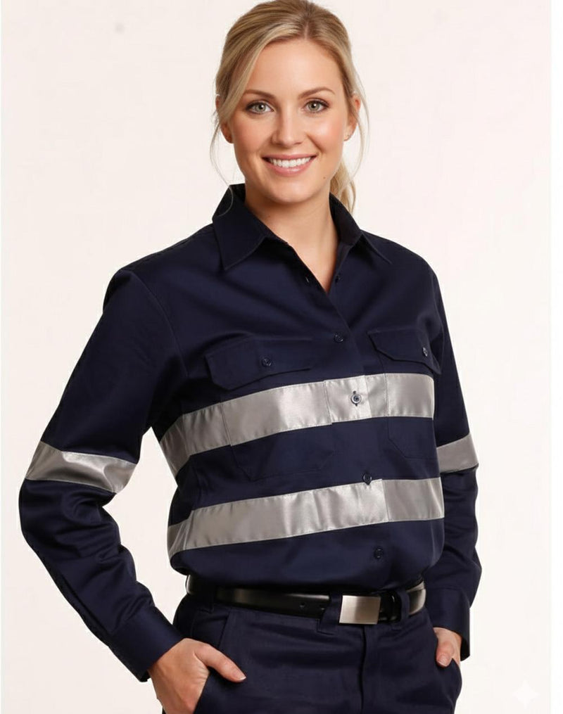 Ladies HiVis Cotton Drill Long Sleeves Work Shirt with 3M Reflective Taps | WT08HV